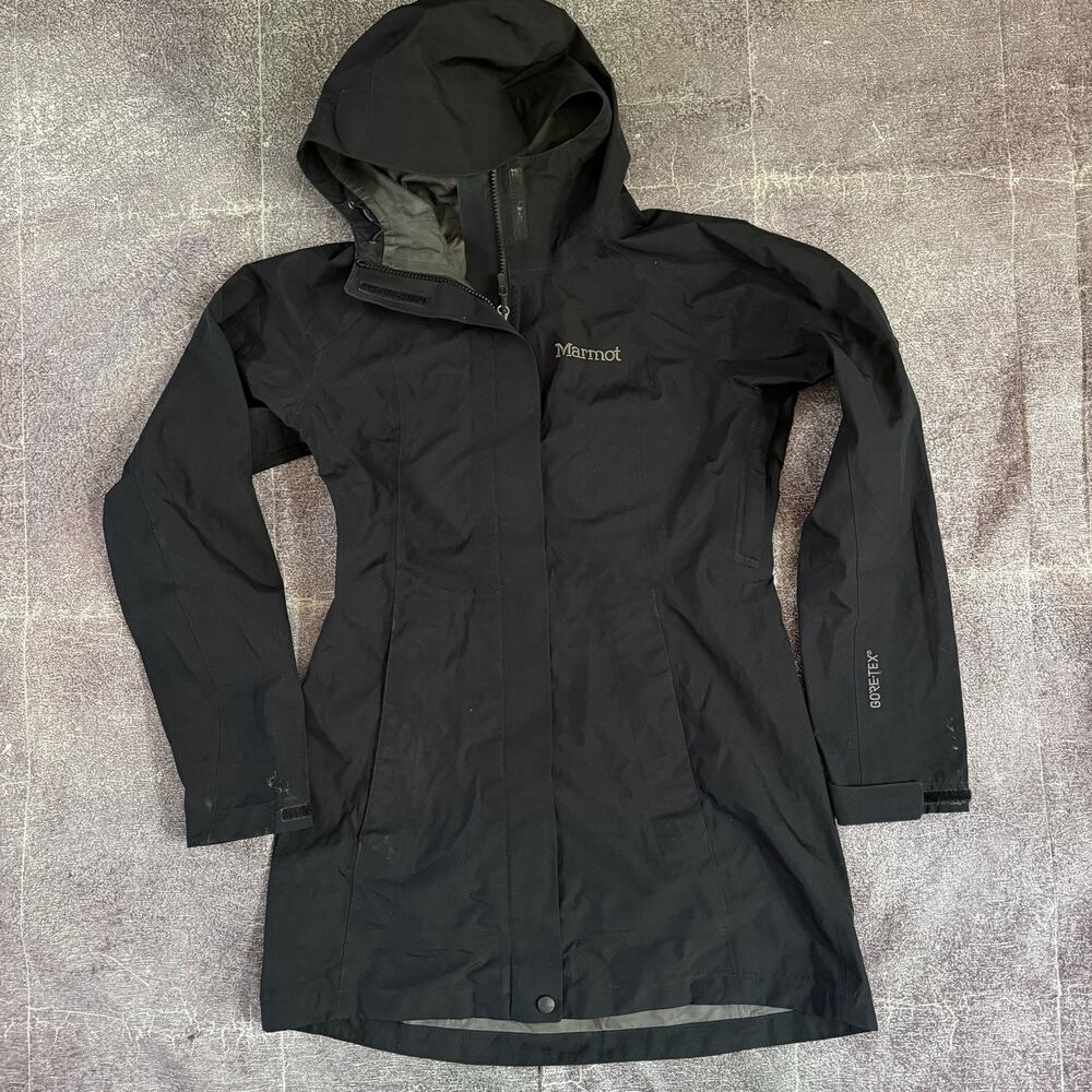 Women's Marmot Black Gore Tex Waypoint Hooded Parka Zip Up Rain Coat Jacket Sz S